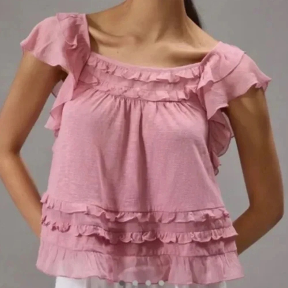 Anthropologie Maeve Womens Top XL Pink Ruffled Flutter Sleeve Romantic
